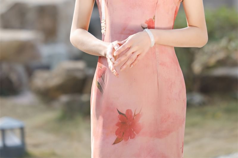Short Sleeve Floral Print Midi Sheath Qipao