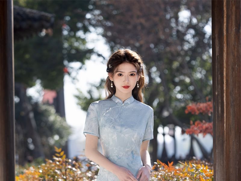 Short Sleeve Floral Print Maxi A-Line Qipao
