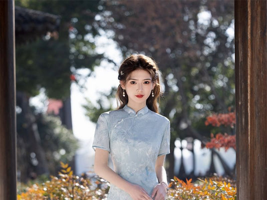 Short Sleeve Floral Print Maxi A-Line Qipao