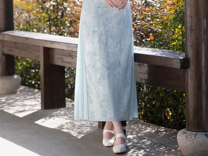 Short Sleeve Floral Print Maxi A-Line Qipao