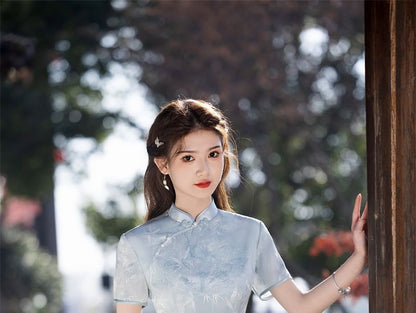 Short Sleeve Floral Print Maxi A-Line Qipao