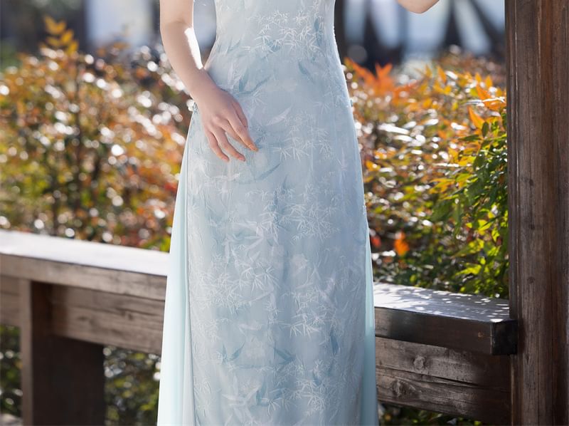 Short Sleeve Floral Print Maxi A-Line Qipao