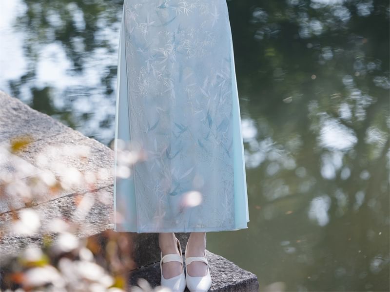 Short Sleeve Floral Print Maxi A-Line Qipao