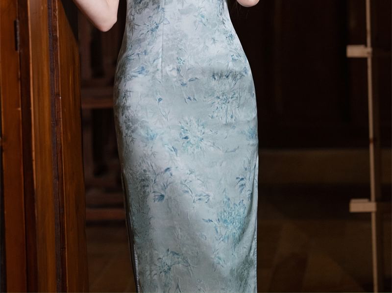 Cap Sleeve Floral Print Midi Sheath Qipao