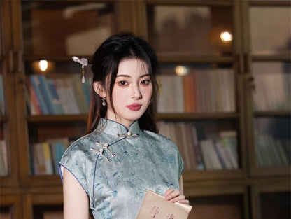 Cap Sleeve Floral Print Midi Sheath Qipao