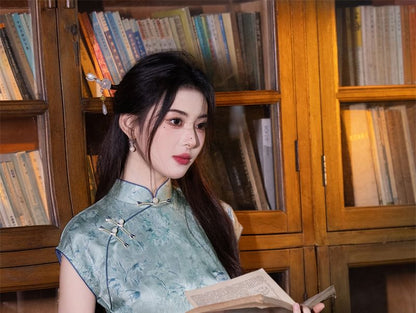 Cap Sleeve Floral Print Midi Sheath Qipao