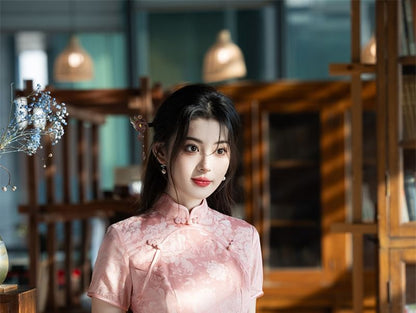 Short Sleeve Floral Jacquard Midi Sheath Qipao