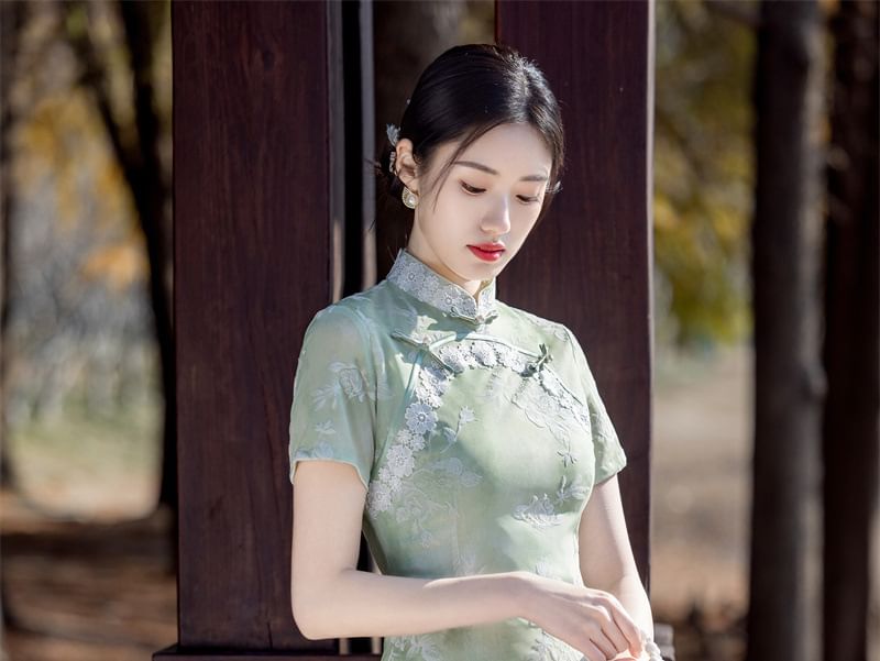 Short Sleeve Lace Panel Jacquard Midi Sheath Qipao