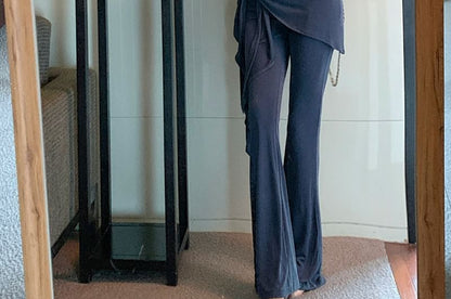 Short-Sleeve Off Shoulder Plain Crop T-Shirt / High Waist Plain Skirt Overlay Yoga Pants