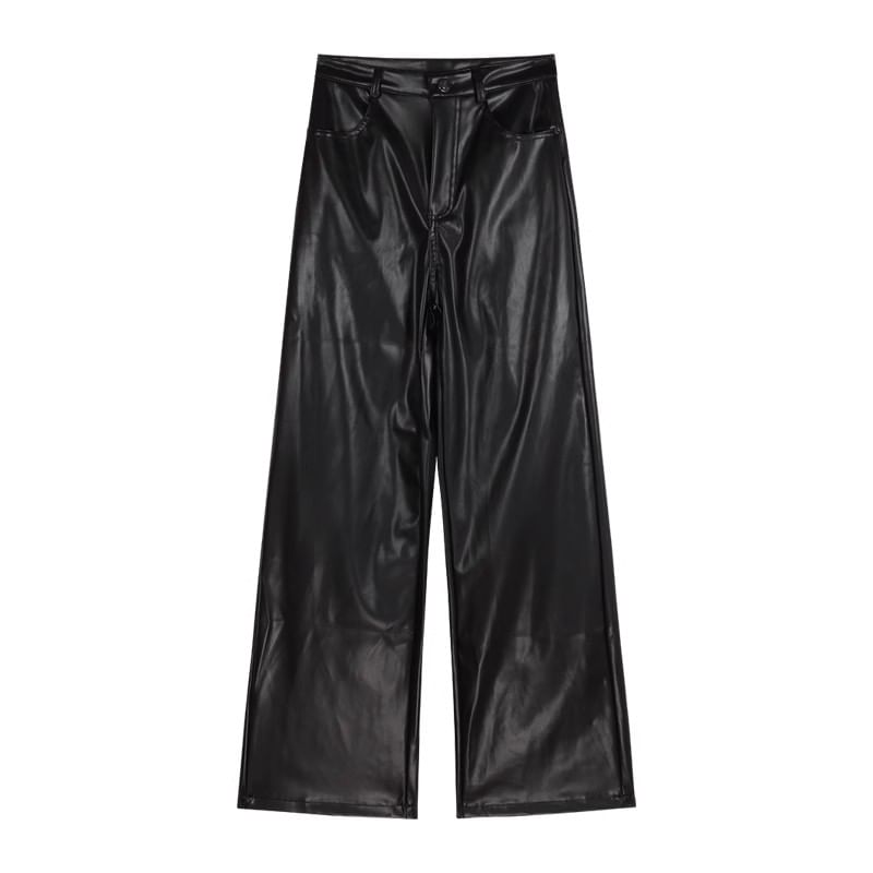 Square Neck Plain Camisole Top / High Rise Faux Leather Flared Pants