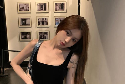 Square Neck Plain Camisole Top / High Rise Faux Leather Flared Pants