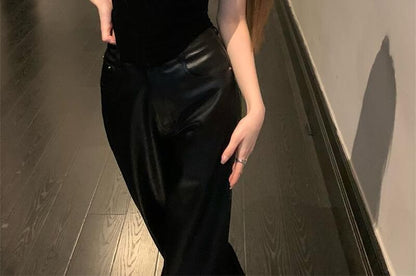 Square Neck Plain Camisole Top / High Rise Faux Leather Flared Pants