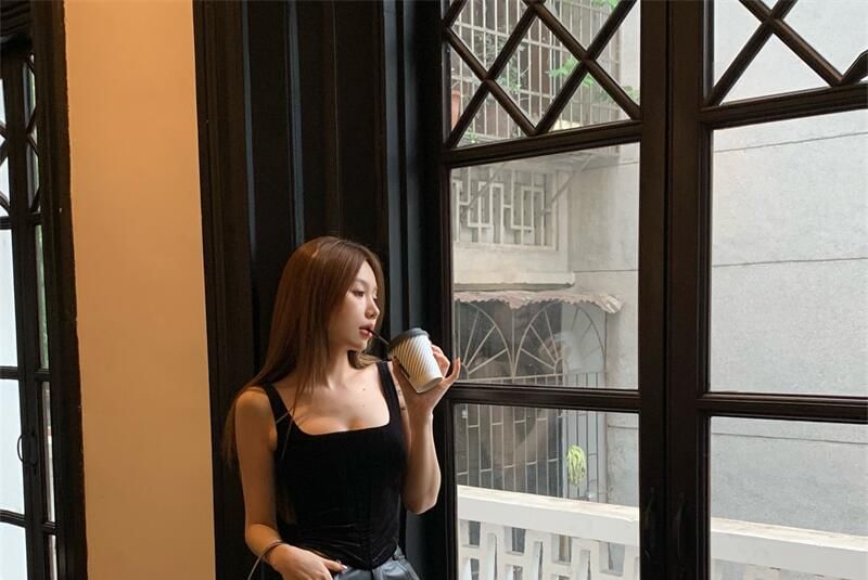 Square Neck Plain Camisole Top / High Rise Faux Leather Flared Pants