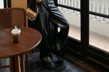 Square Neck Plain Camisole Top / High Rise Faux Leather Flared Pants