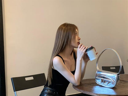 Square Neck Plain Camisole Top / High Rise Faux Leather Flared Pants