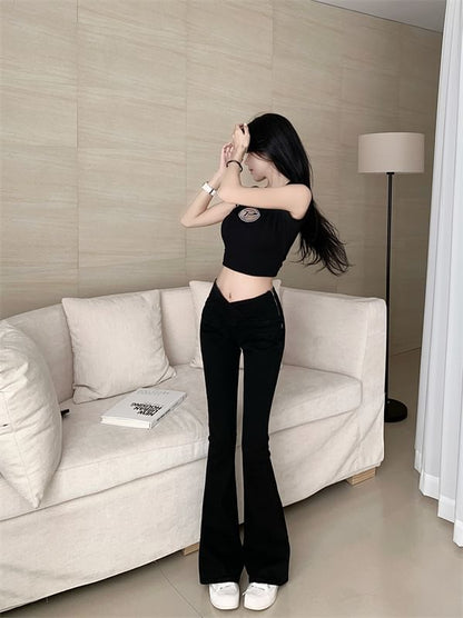 Mid Waist Plain Flared Pants