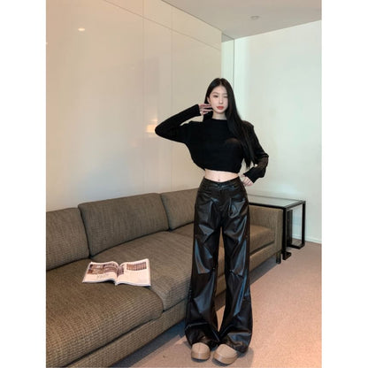 Long-Sleeve Round Neck Plain Crop Top / High Rise Plain Faux Leather Wide Leg Pants