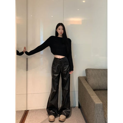 Long-Sleeve Round Neck Plain Crop Top / High Rise Plain Faux Leather Wide Leg Pants