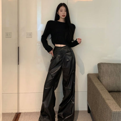 Long-Sleeve Round Neck Plain Crop Top / High Rise Plain Faux Leather Wide Leg Pants