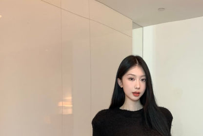 Long-Sleeve Round Neck Plain Crop Top / High Rise Plain Faux Leather Wide Leg Pants