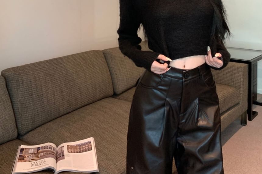 Long-Sleeve Round Neck Plain Crop Top / High Rise Plain Faux Leather Wide Leg Pants