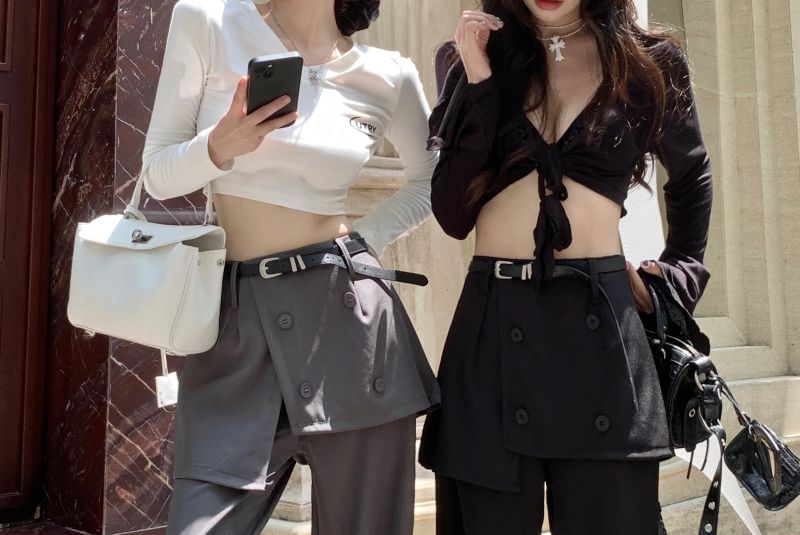 High Waist Skirt Overlay Plain Flared Pants