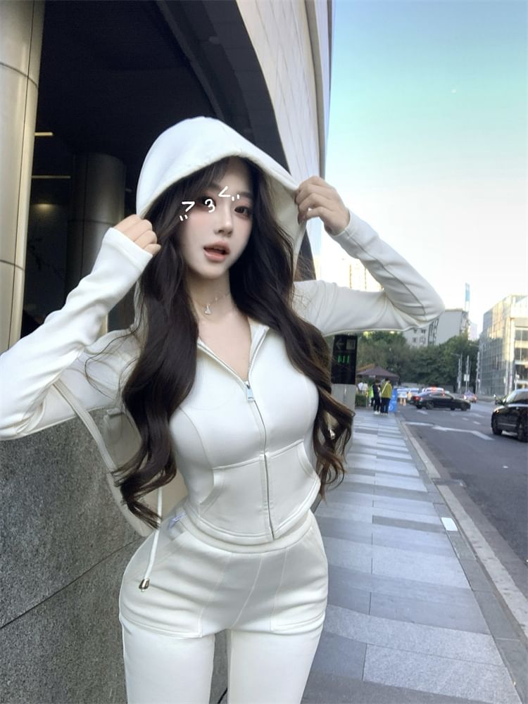 Plain Crop Zip Hoodie / High Waist Plain Flared Sweatpants