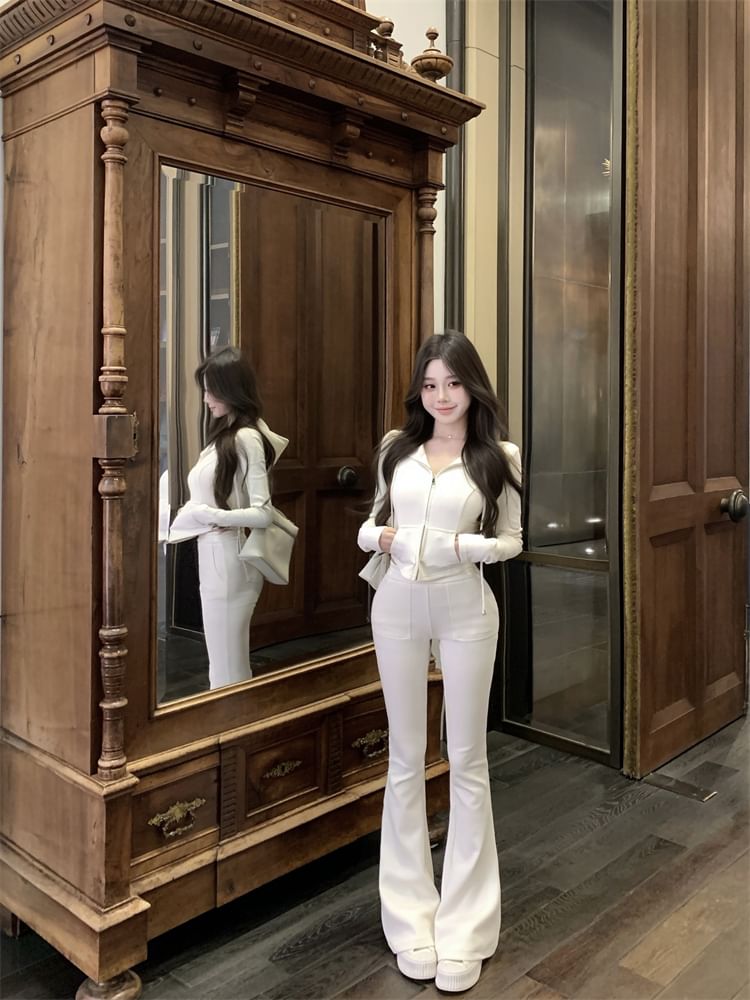 Plain Crop Zip Hoodie / High Waist Plain Flared Sweatpants