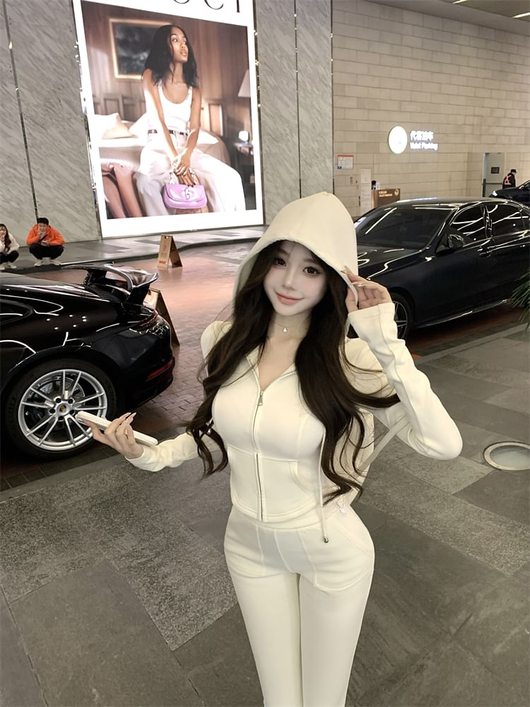 Plain Crop Zip Hoodie / High Waist Plain Flared Sweatpants