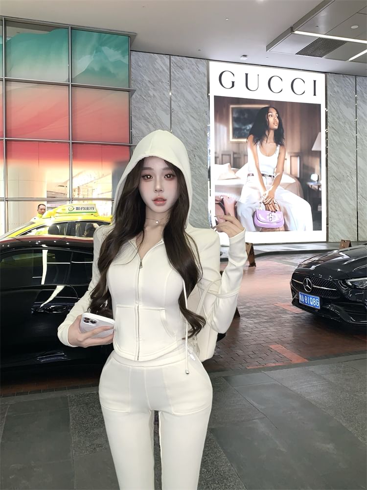 Plain Crop Zip Hoodie / High Waist Plain Flared Sweatpants