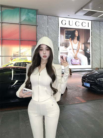 Plain Crop Zip Hoodie / High Waist Plain Flared Sweatpants
