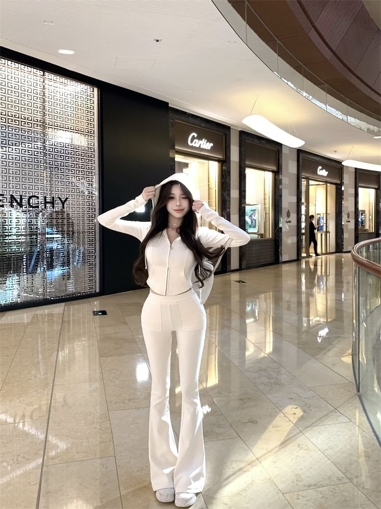 Plain Crop Zip Hoodie / High Waist Plain Flared Sweatpants