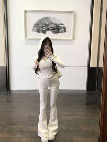 Plain Crop Zip Hoodie / High Waist Plain Flared Sweatpants