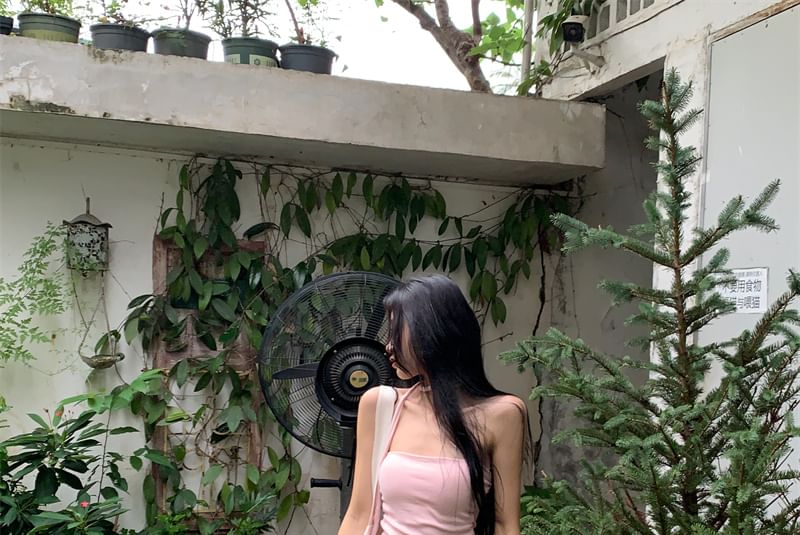 Strapless Plain Tube Top / Drawstring Waist Plain Wide Leg Pants