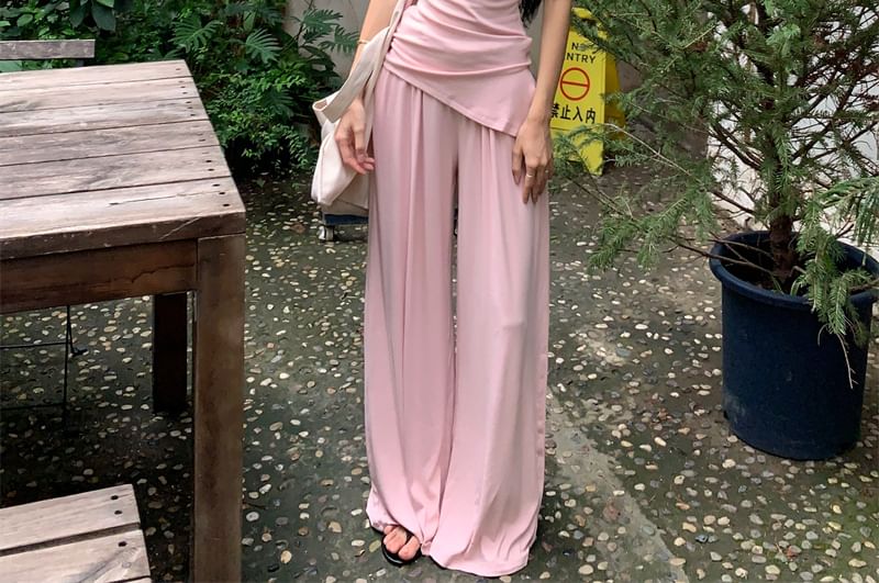 Strapless Plain Tube Top / Drawstring Waist Plain Wide Leg Pants