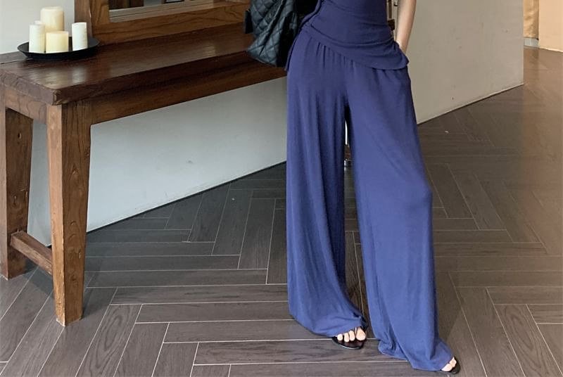 Strapless Plain Tube Top / Drawstring Waist Plain Wide Leg Pants