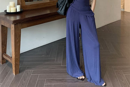 Strapless Plain Tube Top / Drawstring Waist Plain Wide Leg Pants