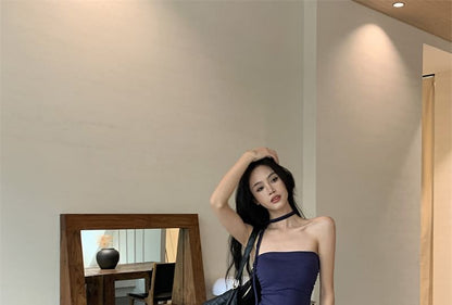 Strapless Plain Tube Top / Drawstring Waist Plain Wide Leg Pants