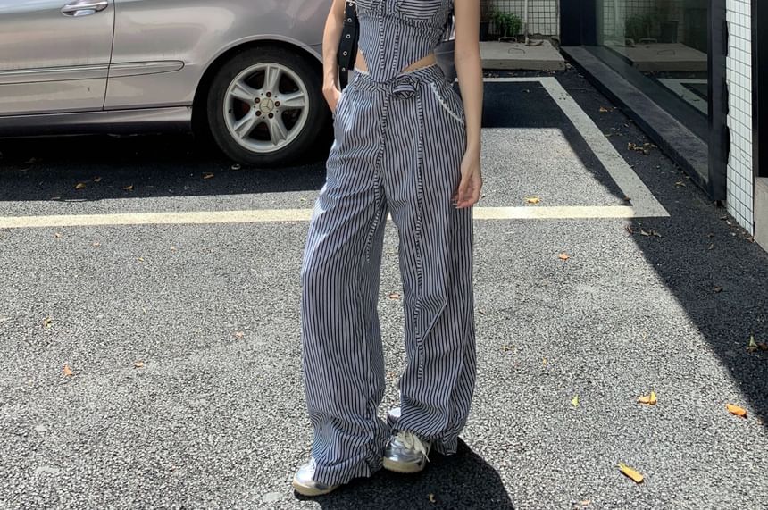 Strapless Striped Tube Top / Mid Waist Wide Leg Pants