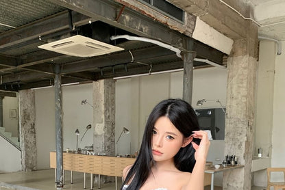 Strapless Striped Tube Top / Mid Waist Wide Leg Pants