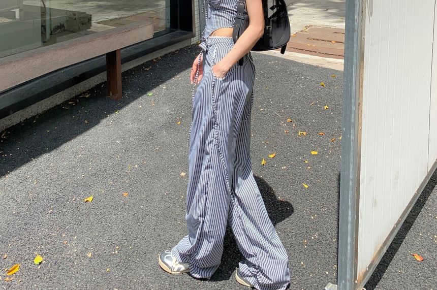 Strapless Striped Tube Top / Mid Waist Wide Leg Pants