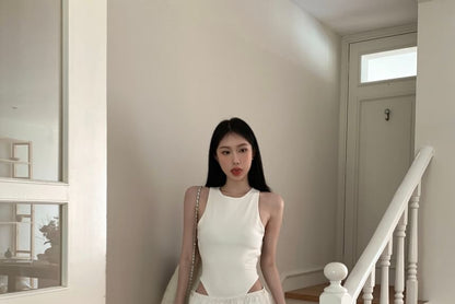 Sleeveless Round Neck Plain Bodysuit Top / Low Waist Plain Ruched Wide Leg Pants