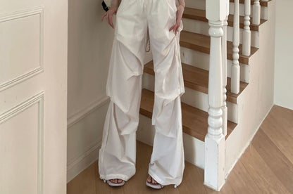 Sleeveless Round Neck Plain Bodysuit Top / Low Waist Plain Ruched Wide Leg Pants