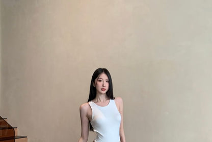 Sleeveless Round Neck Plain Bodysuit Top / Low Waist Plain Ruched Wide Leg Pants