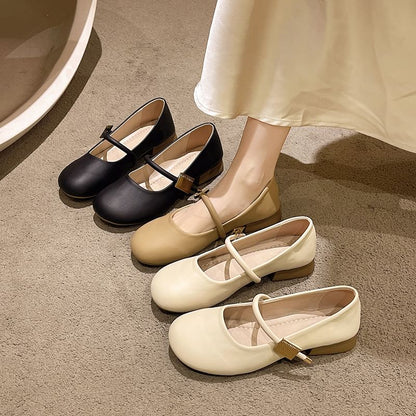 Chunky Heel Plain Faux Leather Mary Jane Shoes