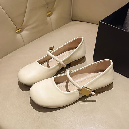 Chunky Heel Plain Faux Leather Mary Jane Shoes