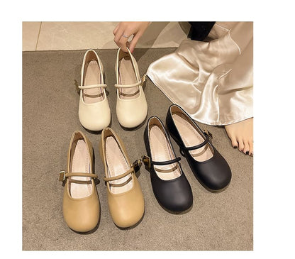 Chunky Heel Plain Faux Leather Mary Jane Shoes