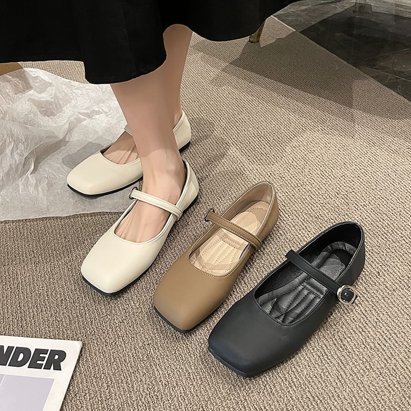 Square Toe Plain Faux Leather Mary Jane Flats