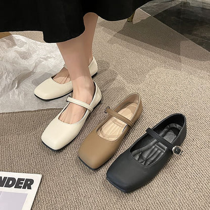 Square Toe Plain Faux Leather Mary Jane Flats