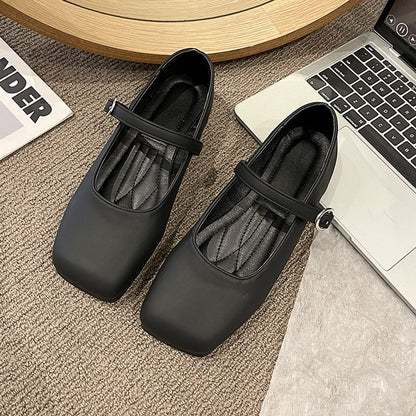 Square Toe Plain Faux Leather Mary Jane Flats
